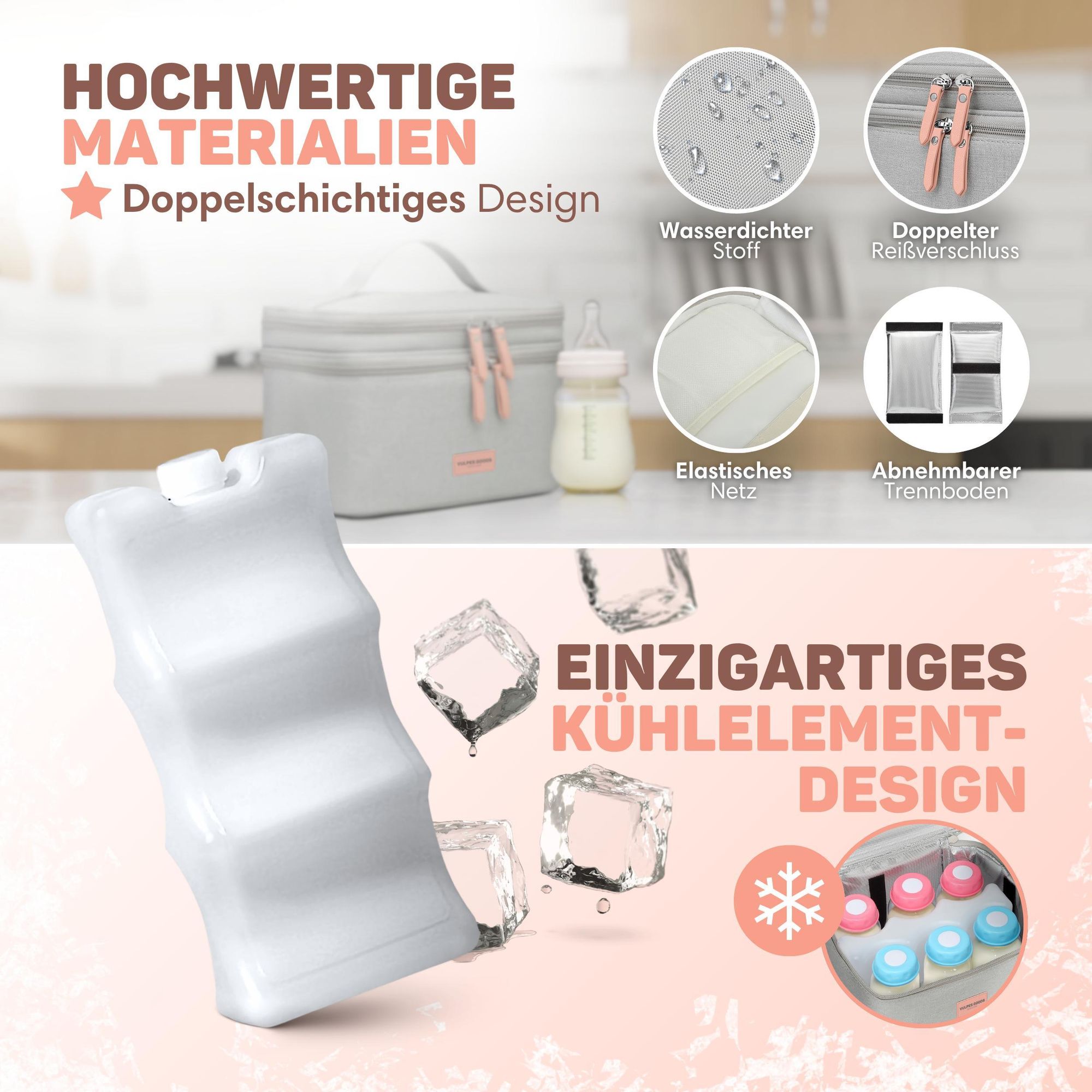 Vulpes Goods Kühltasche für Muttermilch & Babynahrung, Kühltasche mit Kühlakkus, Picknicktasche, Baby-Aufbewahrungstasche, hält bis zu 12 Stunden kühl