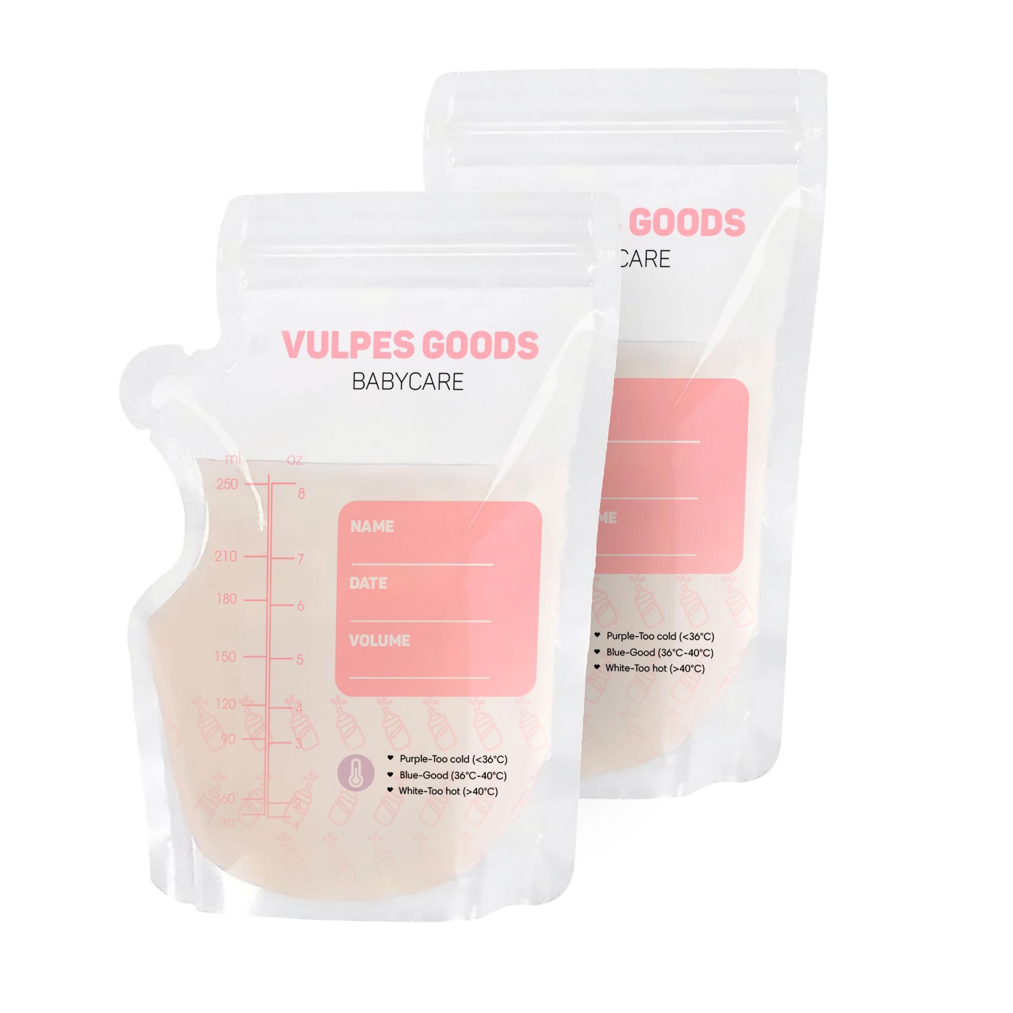 Vulpes Goods Muttermilch-Aufbewahrungsbeutel, Still-Aufbewahrungsbeutel, Mit Ausguss, Extra groß, 250 ml, 60 Stück, BPA-frei