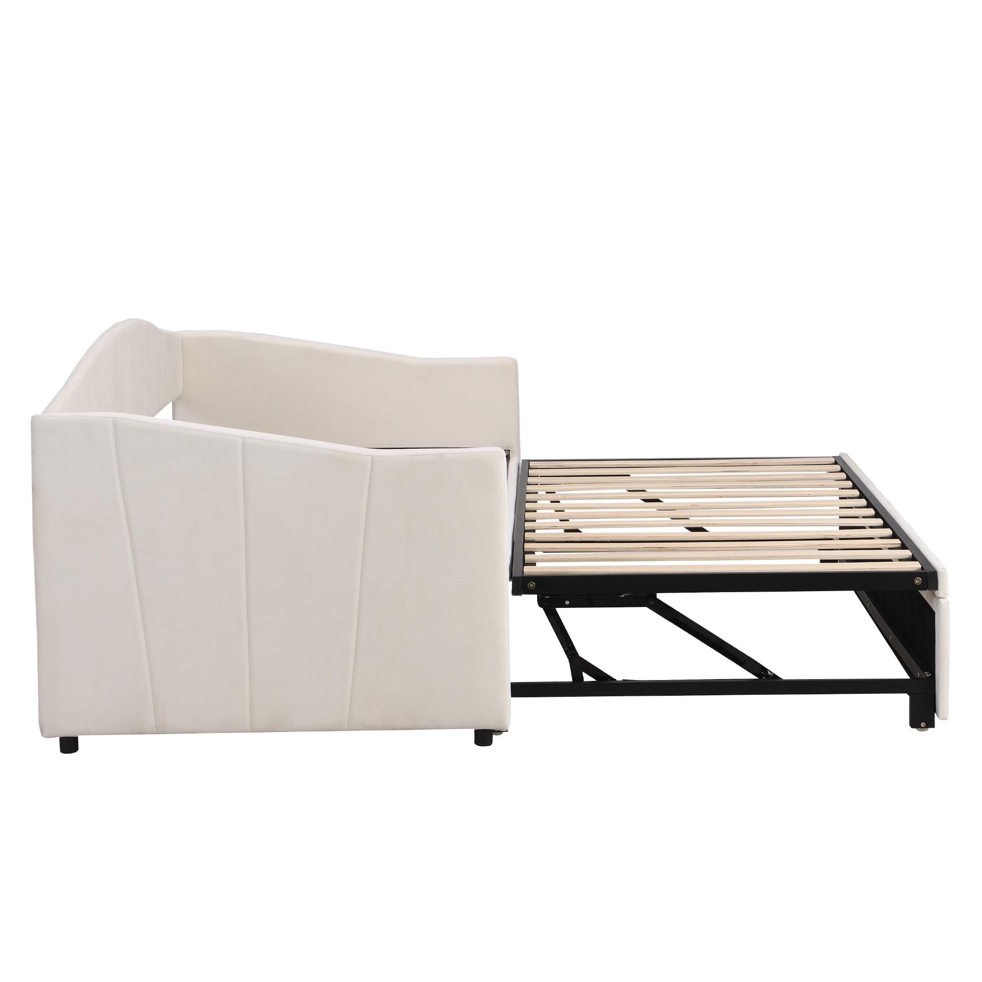 Merax Tagesbett 90x200cm/180x200cm Ausziehbett, Erweiterbares Schlafsofa mit Lattenrost und Armlehnen, Samt Polsterbett Kinderbett Sofabett, Beige