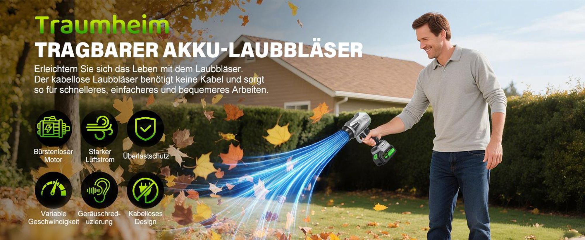 Akku Laubbläser, Handgebläse mit Turbostrahl 65m/s, 400CFM, Bürstenloser Motor, 2×4000mAh Akku, Leicht, Kabellos, Garten, Terrasse, Autoreinigung