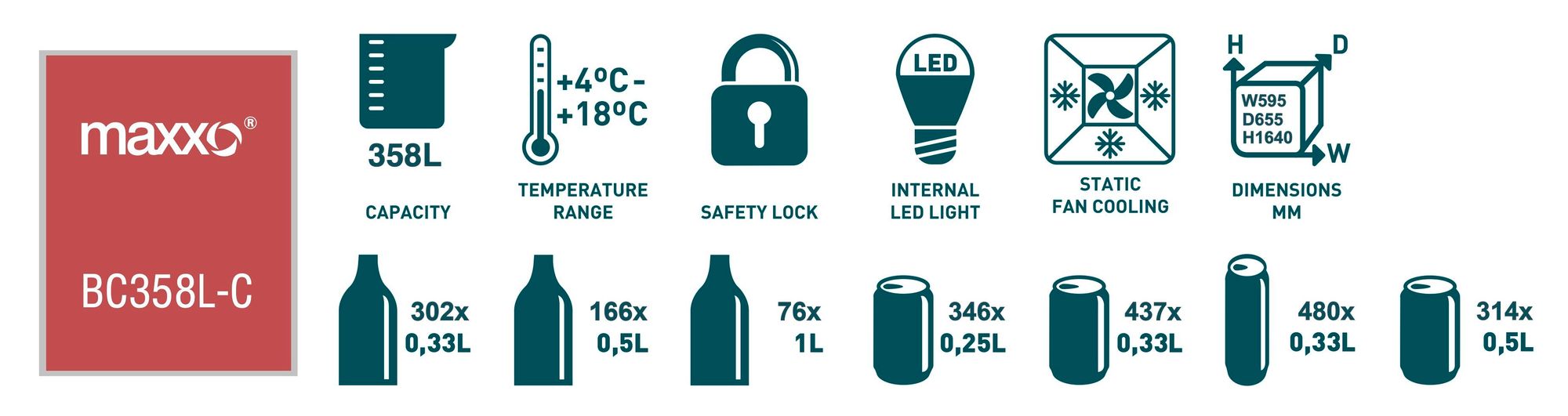 Nápojová chladící vitrína Maxxo BC358L-C objem 358 l, LED osvětlení, zámek, energetická třída C, safety lock, černá