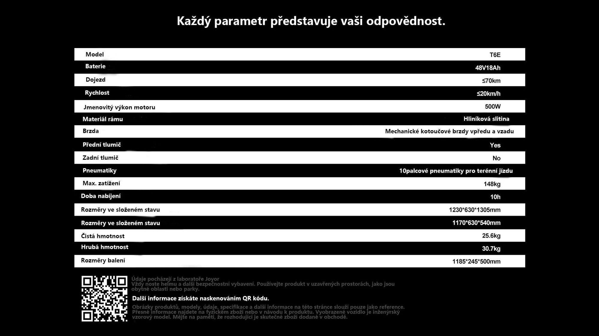 JOYOR T6E Skládací Elektrická koloběžka  ABE - 500W Motor 48V18AH Baterie 10" pneumatiky do terénu - Černá