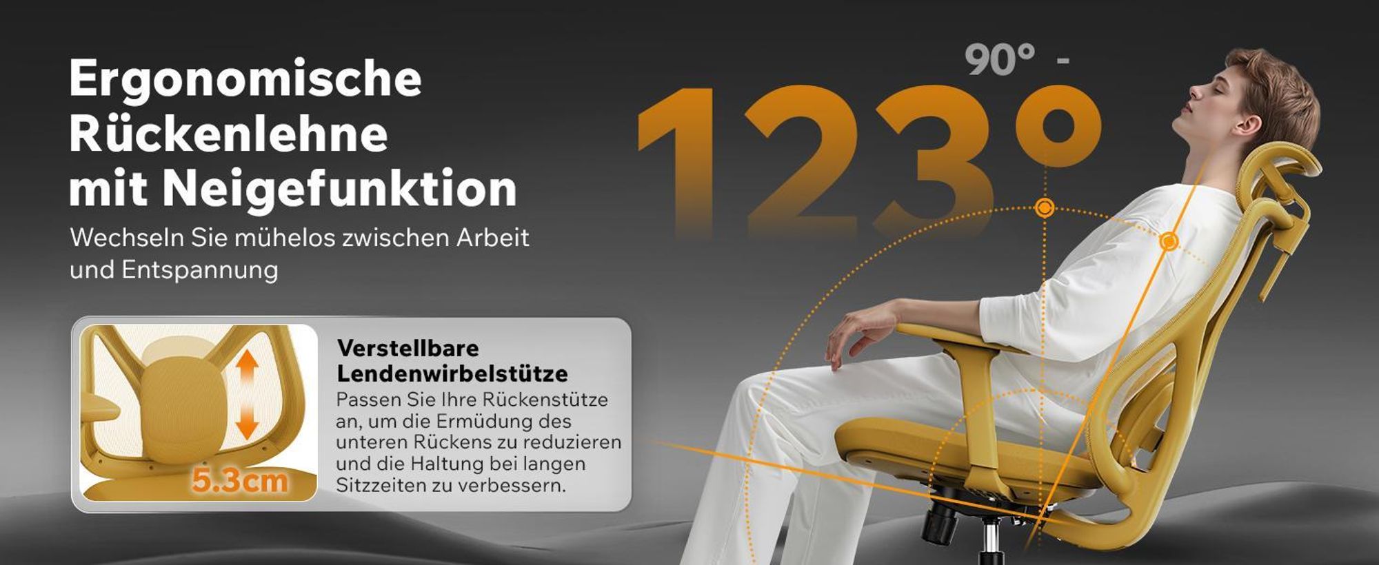 SENSE7 Moyo Ergonomischer Bürostuhl Schreibtischstuhl Gelb 3D-Armlehnen Netzrücken Lendenwirbelstütze Chefsessel Homeoffice PC Stuhl 150 kg
