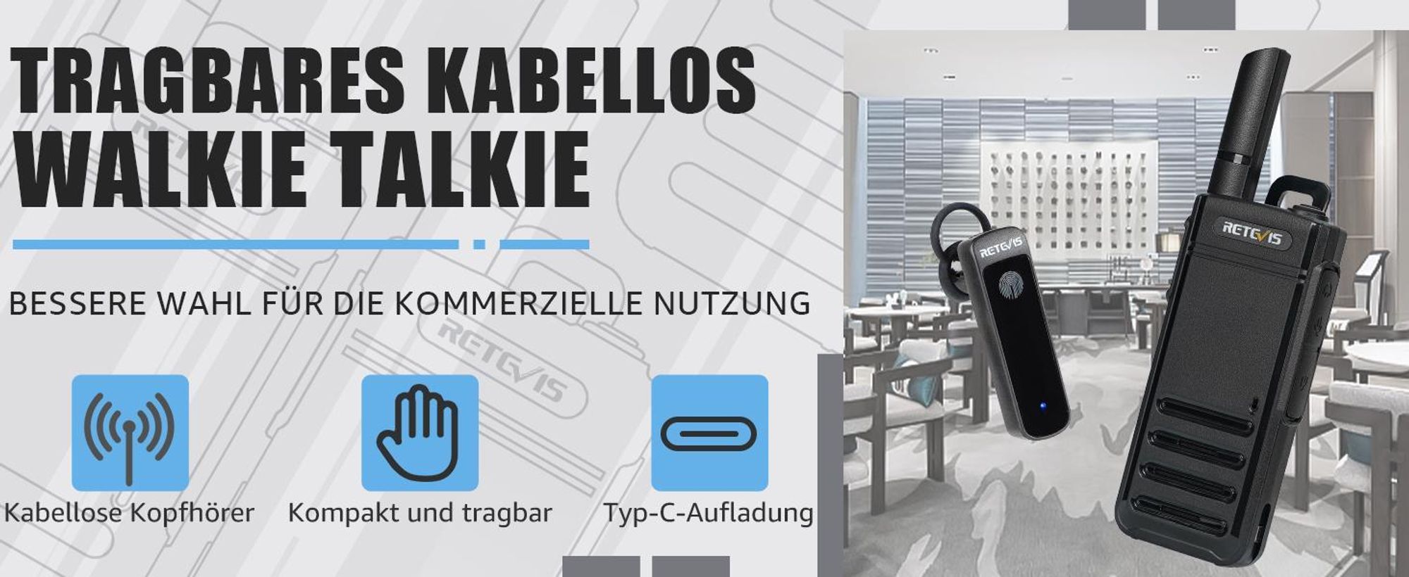 Retevis RB639P Funkgeräte mit Bluetooth-Headsets, ultraflaches Walkie Talkie, VOX, USB-C, PMR446, für Schule, Restaurant, Supermarkt