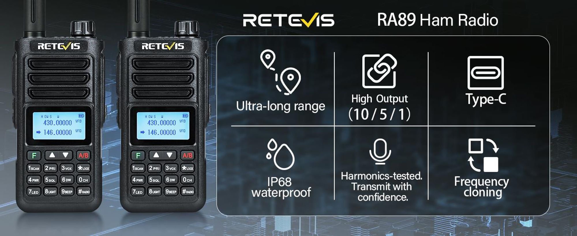 Retevis RA89 Amatérska vysielačka, vysoký výkon, IP68 vodotesná, dvojpásmová, VFO, 2500 mAh batéria, dobíjacia vysielačka typu C (2 ks, čierna)