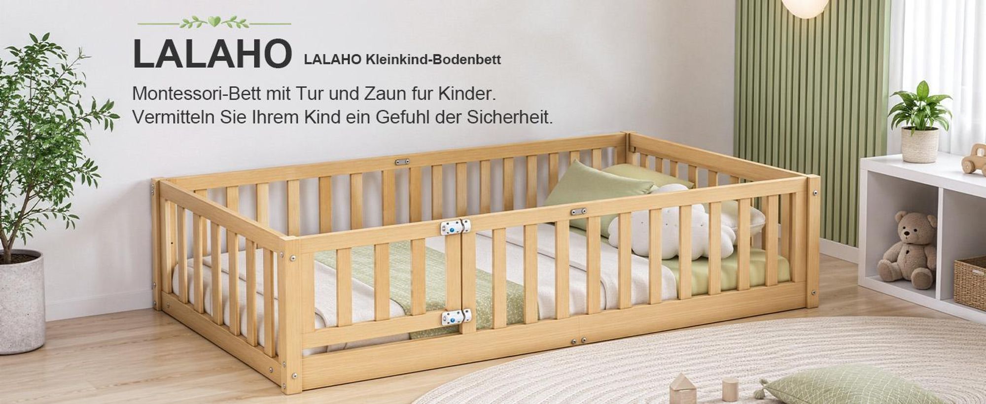 FCH Kinderbett mit Rausfallschutz & Lattenrost, 80x160cm, Montessori Bodenbett mit seitlichem Ausstieg, Einzelbett für Jugendzimmer, Naturbelassen