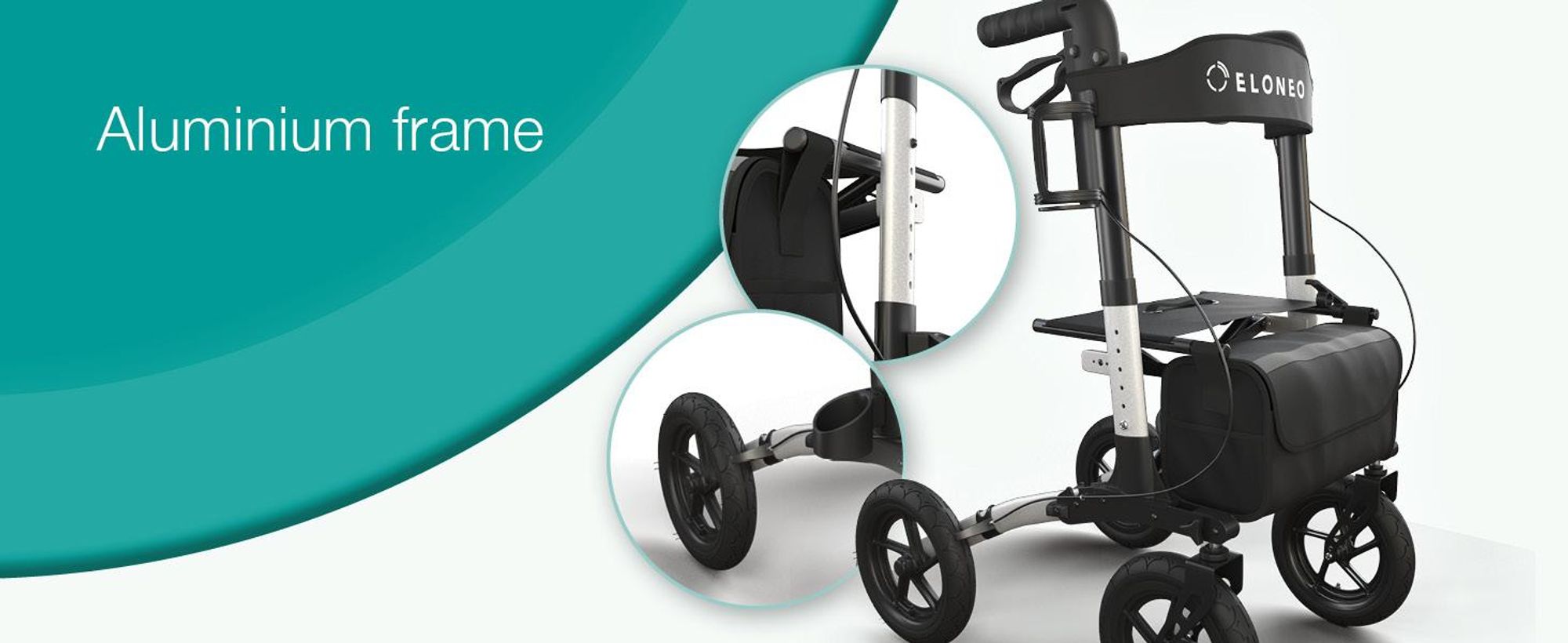 ELONEO inklapbare rollator met zitplaats, outdoor rollator met luchtbanden, inclusief zitvlak, rugsteun en verstelbare loopsteun van aluminium