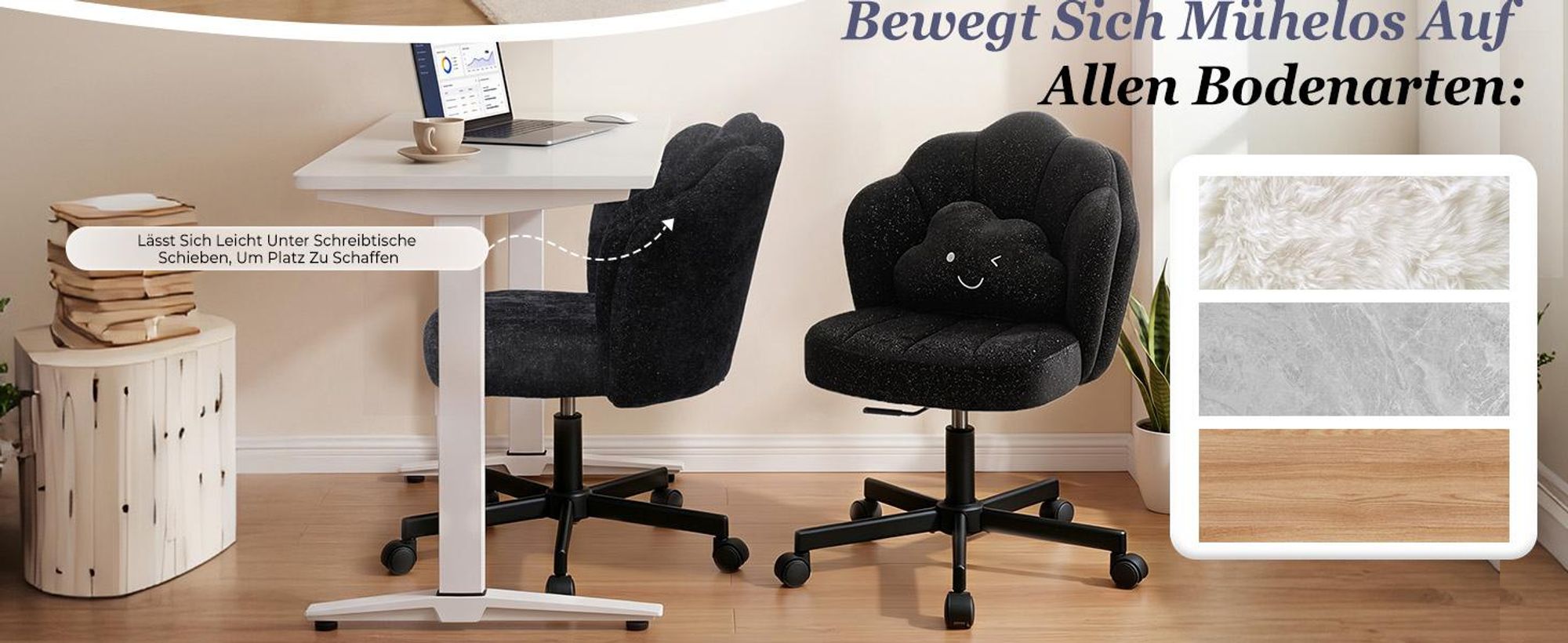 COMHOMA Schreibtischstuhl Bürostuhl, Schminkstuhl mit Rollen Rückenlehne und Wolkenkissen, Höhenverstellbarer Drehstuhl, Schimmernde Chenille, Schwarz