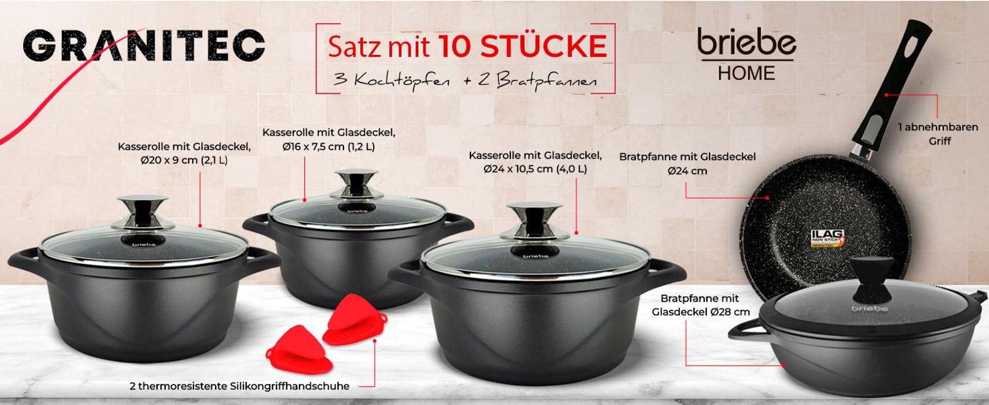 Briebe MGK1819 Kochtopf Set Induktions 10-Teilig Aluminiumguss 3 Kochtöpfen  2 Bratpfanne Schwarz