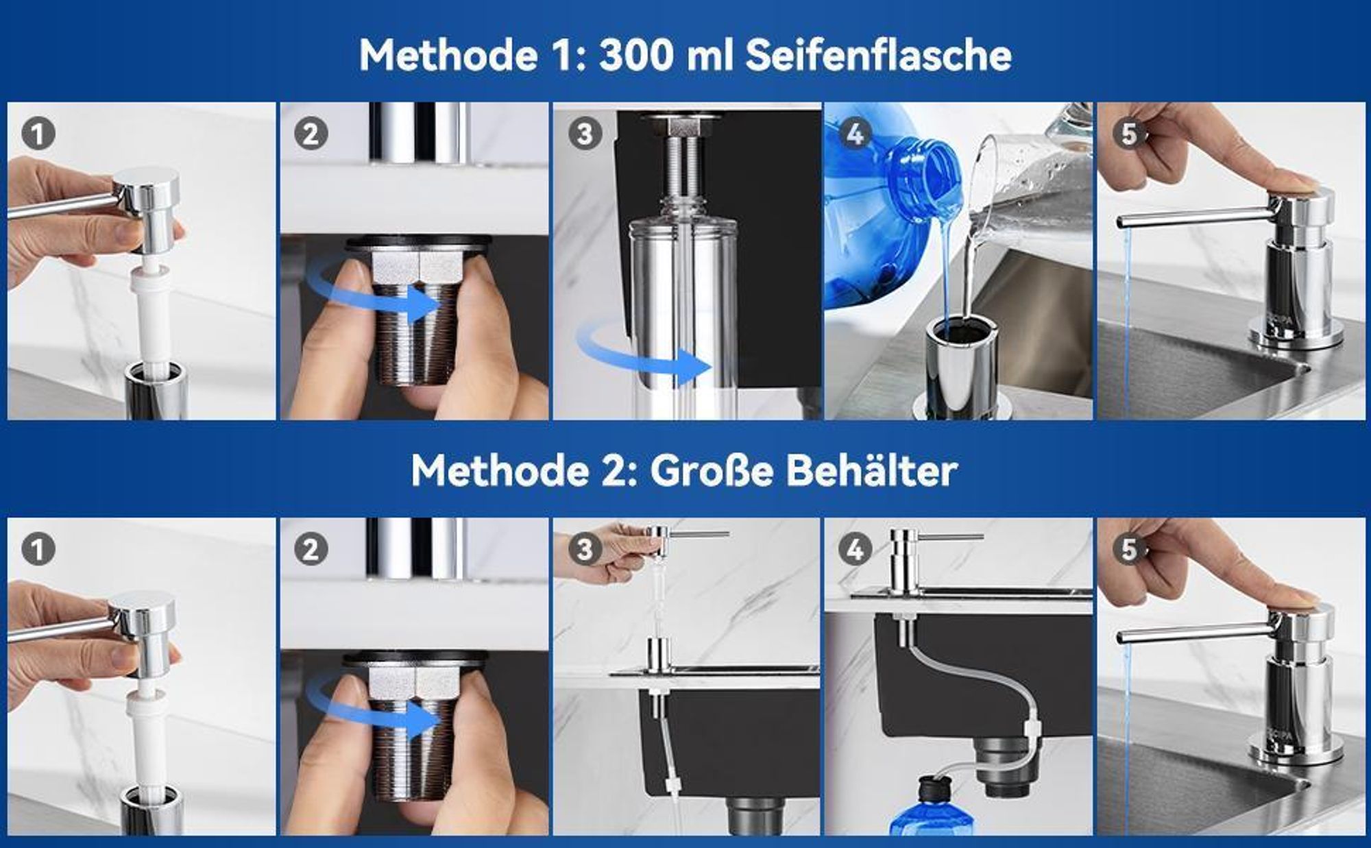 300ml Edelstahl Seifenspender Einbau Spülmittelspender Waschbecken Lotionspender Küche Zubehör Set mit 360° Rotation Pump,Chrom