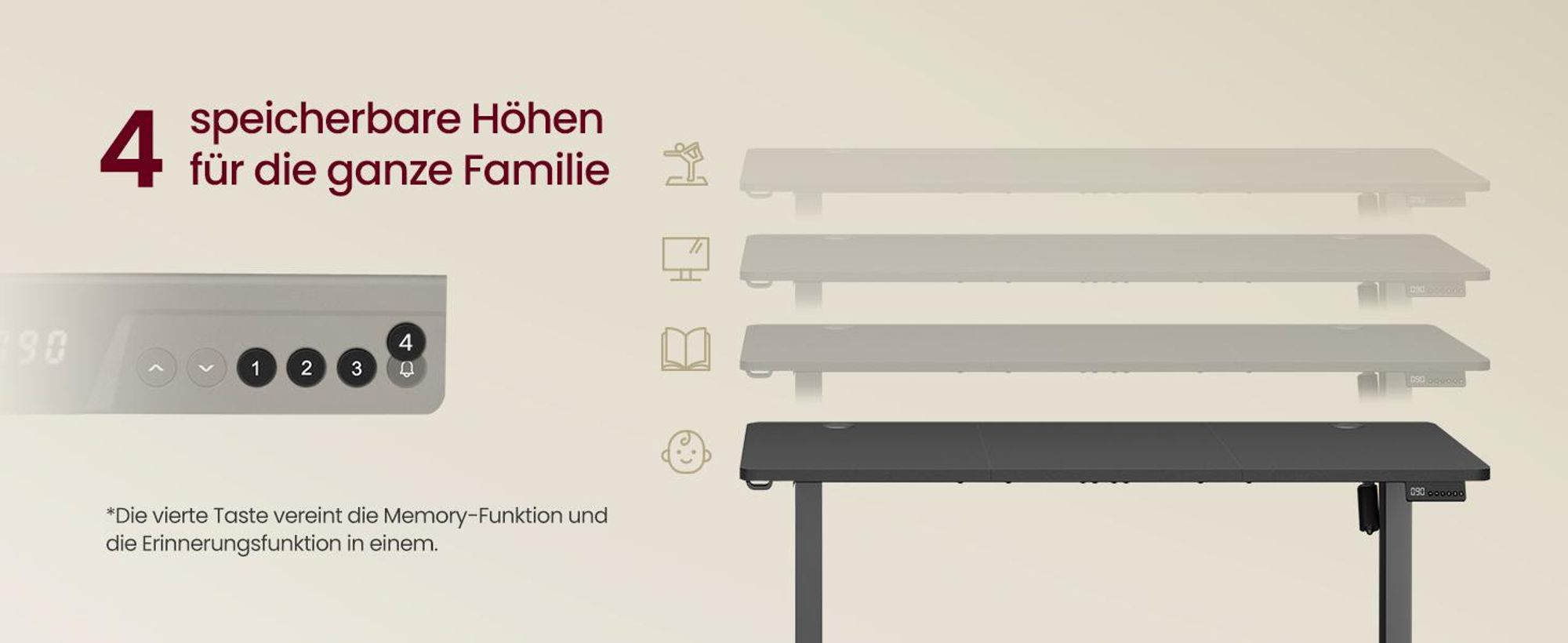 VASAGLE Elektrischer Höhenverstellbarer Schreibtisch mit Memory-Funktion und Erinnerung, 140 x 60 cm, Schwarz