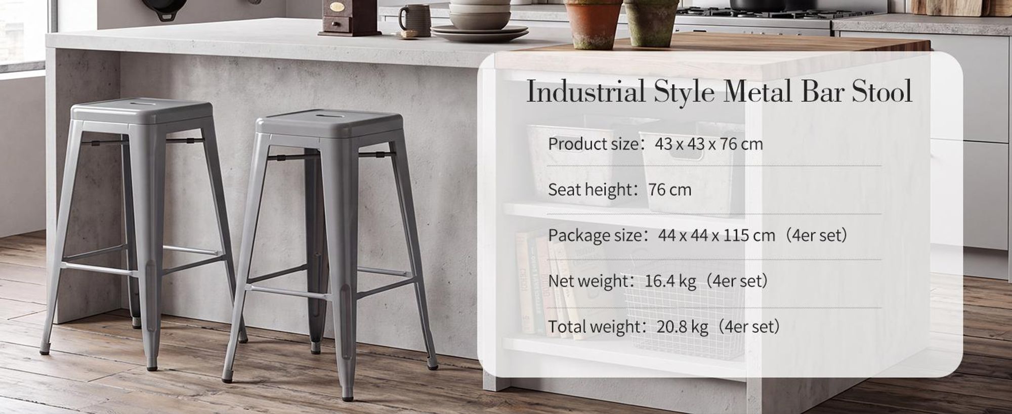 Duhome barová stolička železná barová stolička sada 4, výška sedadla 76 cm, stohovateľná kovová bistro stolička s opierkou na nohy v priemyselnom dizajne, sivá