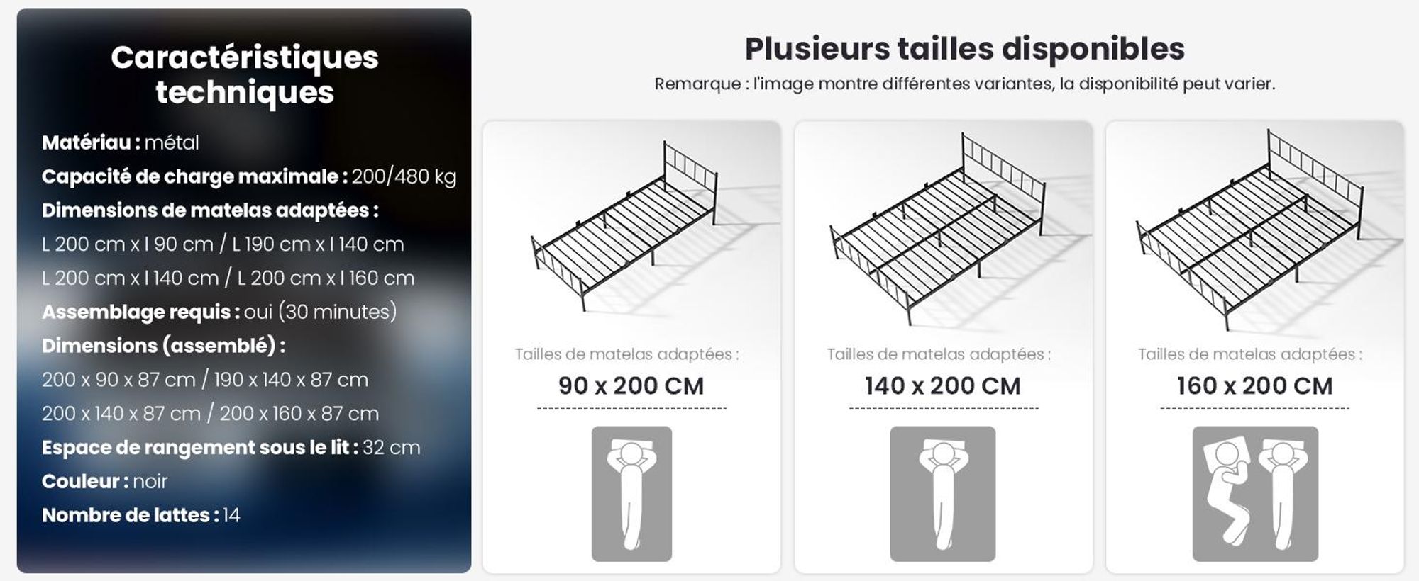 Lit 140 x 200 cm, sommier métallique avec tête de lit, cadre de lit de 36 cm de hauteur avec 32 cm d'espace de rangement, 14 lattes métalliques, silencieux, noir