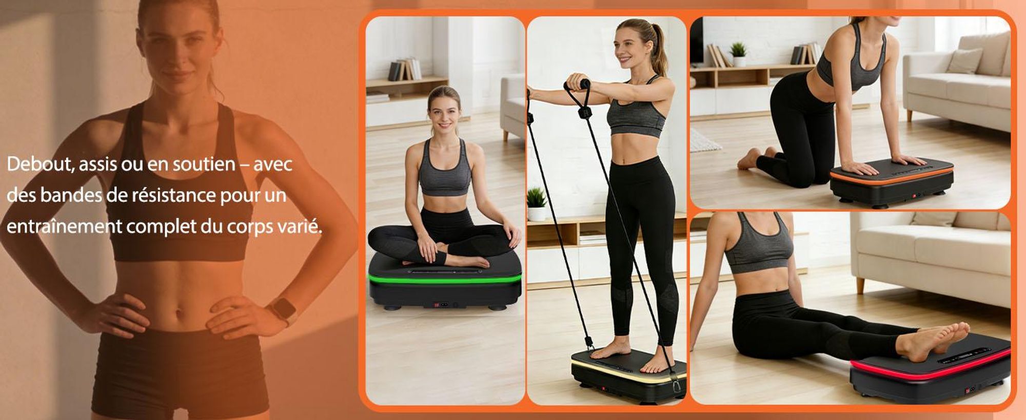 DH FitLife Plateforme vibrante pour maison, 0-99 niveaux, 9 programmes automatiques, Bluetooth, LED et bandes élastiques, jusqu'à 150 kg