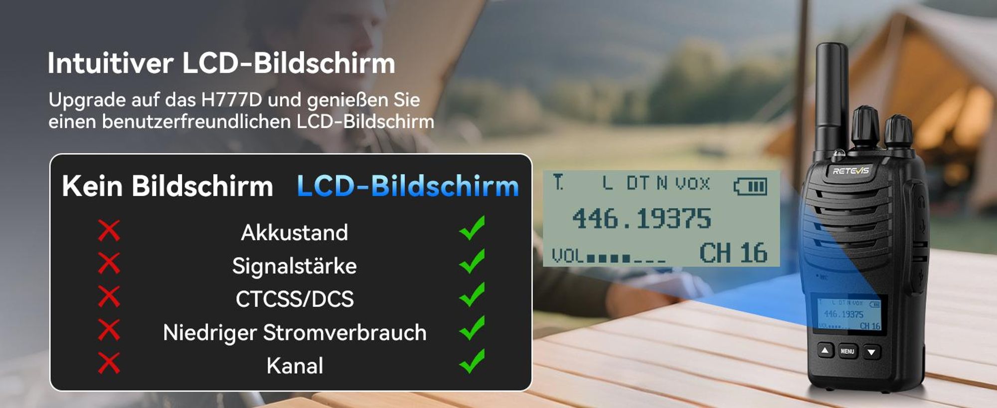 Retevis H777D Walkie-Talkie, LCD-Bildschirm, PMR446, Typ-C-Aufladung, 1200 mAh, Einfaches Pairing, VOX, Notfallalarm, Funkgeräte für Familie, Camping