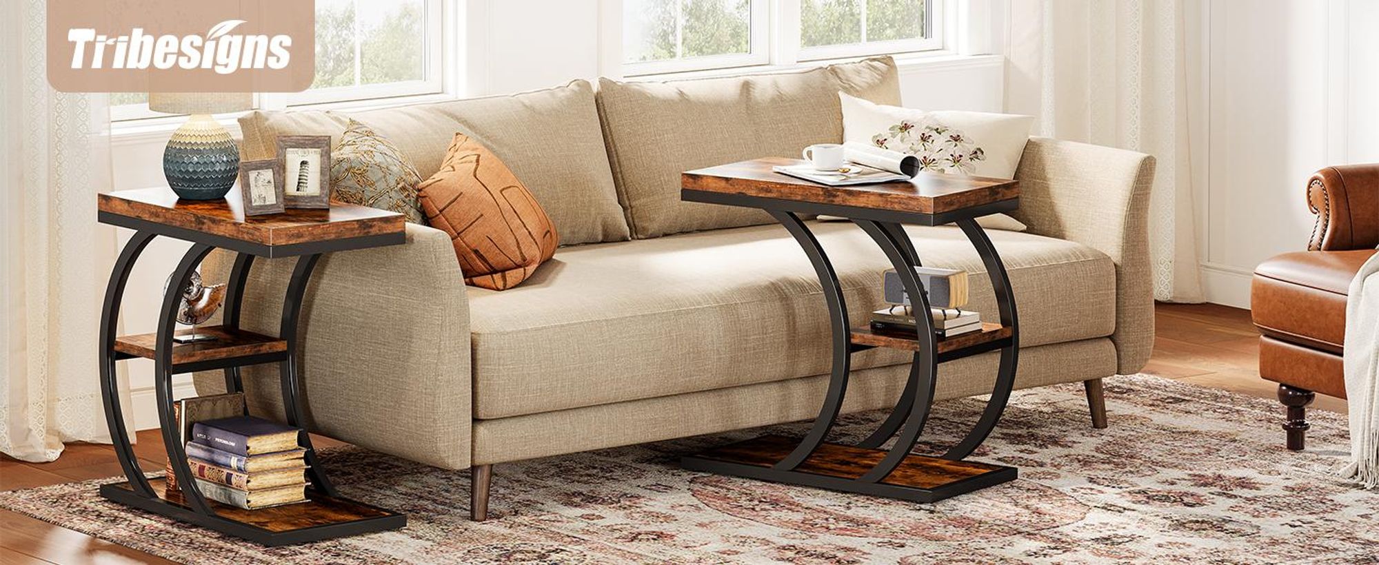 60 cm 3-stöckiger Beistelltisch, C-Form Industriedesign Seitentisch, Couchtisch mit Stauraum, Nachttisch in Naturholz