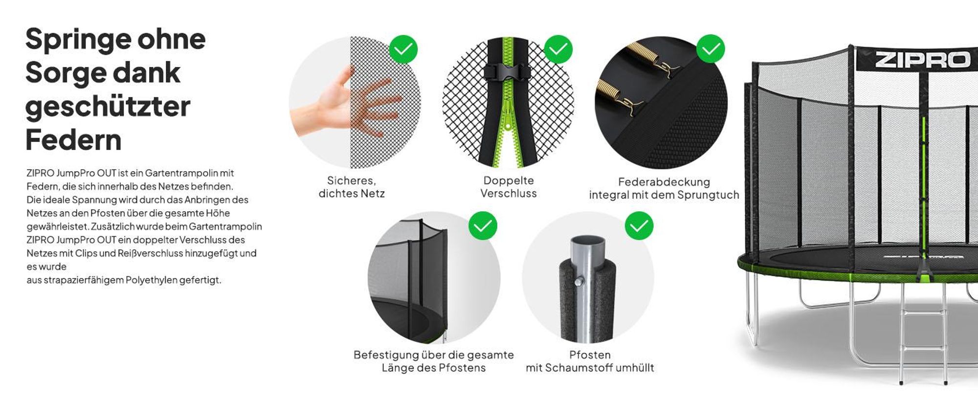 ZIPRO Trampolin Jump Pro Out | 12FT Ø 374 cm | Gartentrampolin Kindertrampolin Komplett-Set inkl. Außennetz, Leiter & Randabdeckung, Outdoor, Grün