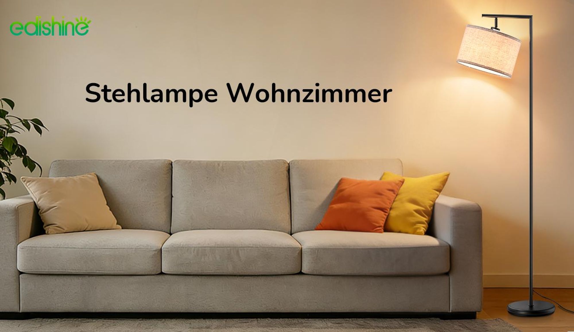 EDISHINE Stehlampe Bogenlampe Wohnzimmer mit LED-Glühbirne, mit Leinenschirm verstellen, Standleuchte Schwarz