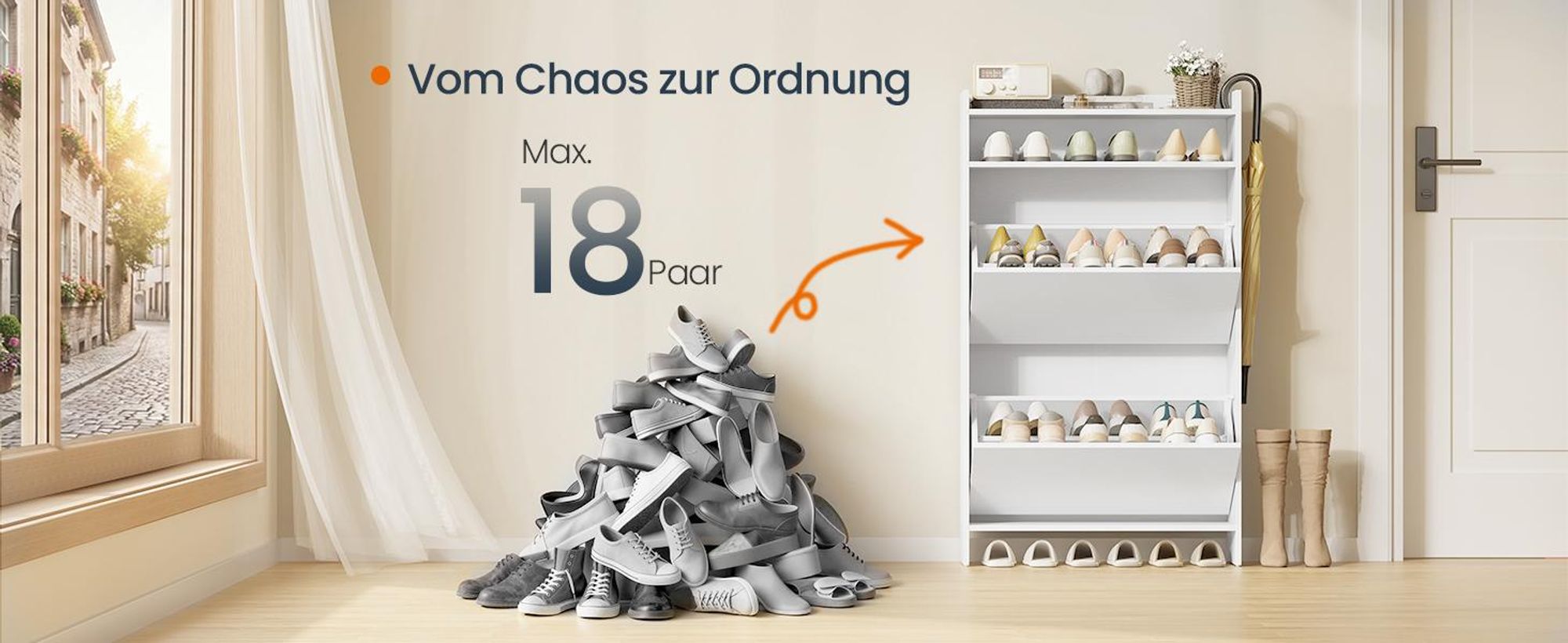 SONGMICS HOME Schuhkipper, superschnelle werkzeuglose Montage, Toolless-Technologie, Schuhschrank 2 Klappen, modern, weiß