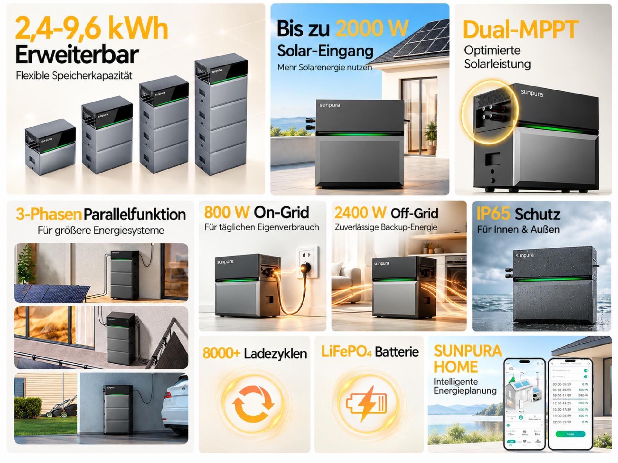 Sunpura S2400 All-in-One 2,4 kWh Speicher für Balkonkraftwerk mit 1x Smart Meter und 2x Sunpura Smart Plug, bis 9,6 kWh erweiterbar (0% MwSt)