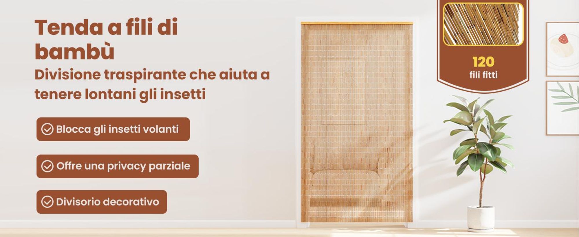 vidaXL Tenda per porta con zanzariera in bambù 120 x 220 cm