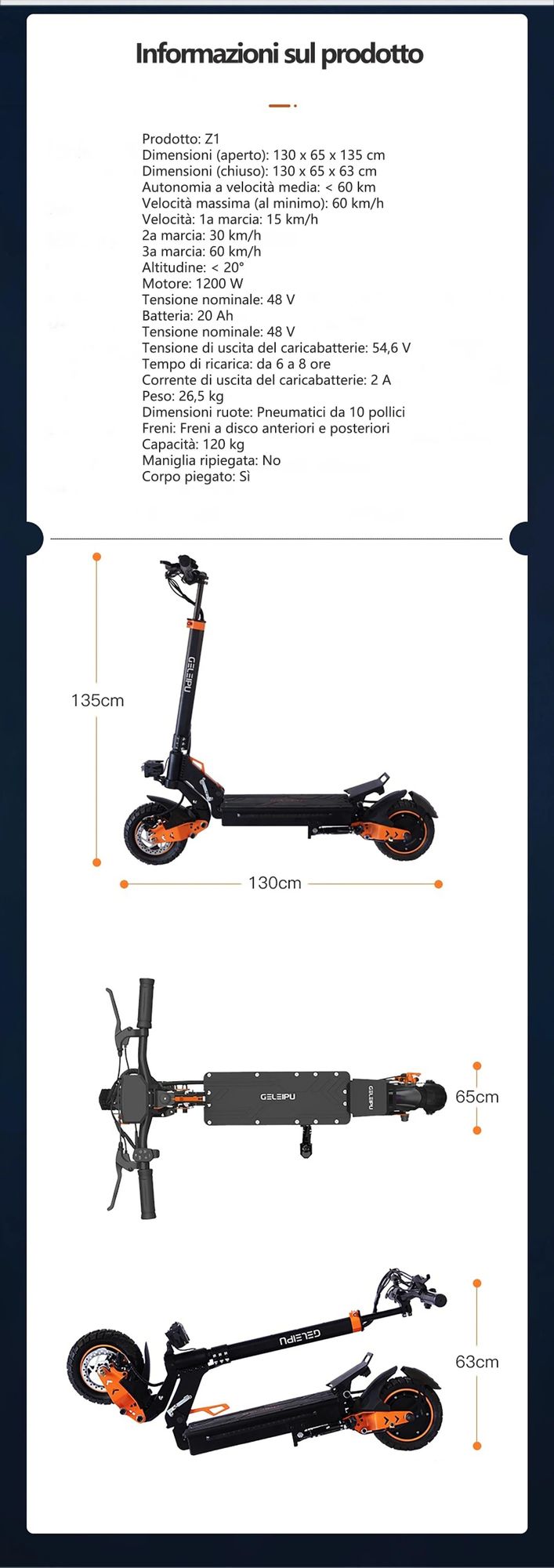 GELEIPU Z1 - Batteria 48V20AH Pneumatici Da 10" Freno A Disco - Nero