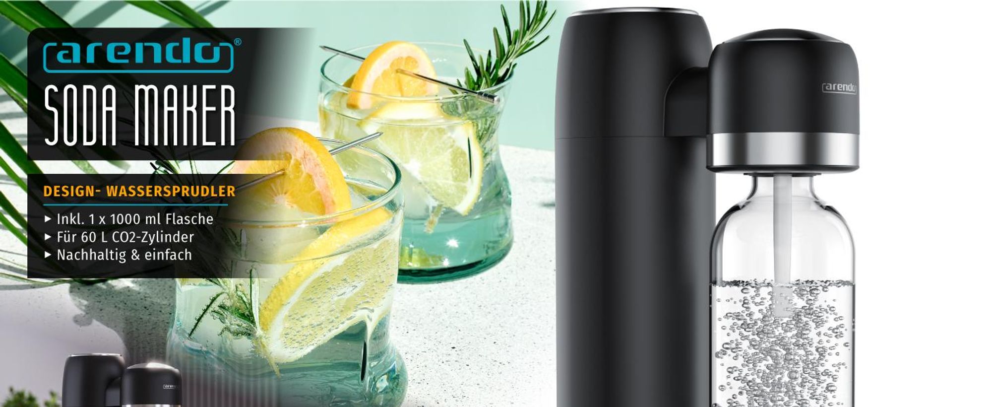 Arendo Wassersprudler, Soda Maker, inkl. 1L PET-Flasche, BPA-frei, fein dosierbar, kompatibel mit 60l CO2-Zylindern, SodaStream Easy/Cool, PET/ABS, schwarz