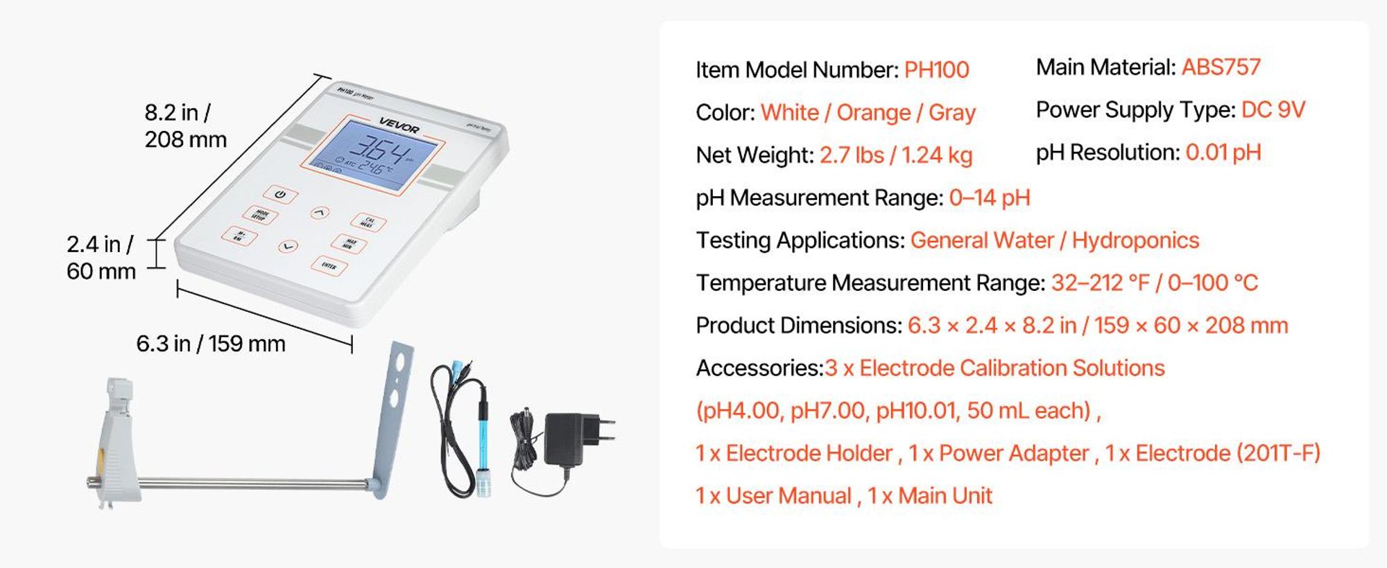 VEVOR pH-Meter, 0-14 pH-Bereich, IP68 wasserdichte Sonde, 3-Punkt-Autokalibrierung, tragbares Testkit mit Kalibrierpulver-Paketen, Temperatursensor, Tragetasche, für Trinkwasser, Hydroponik