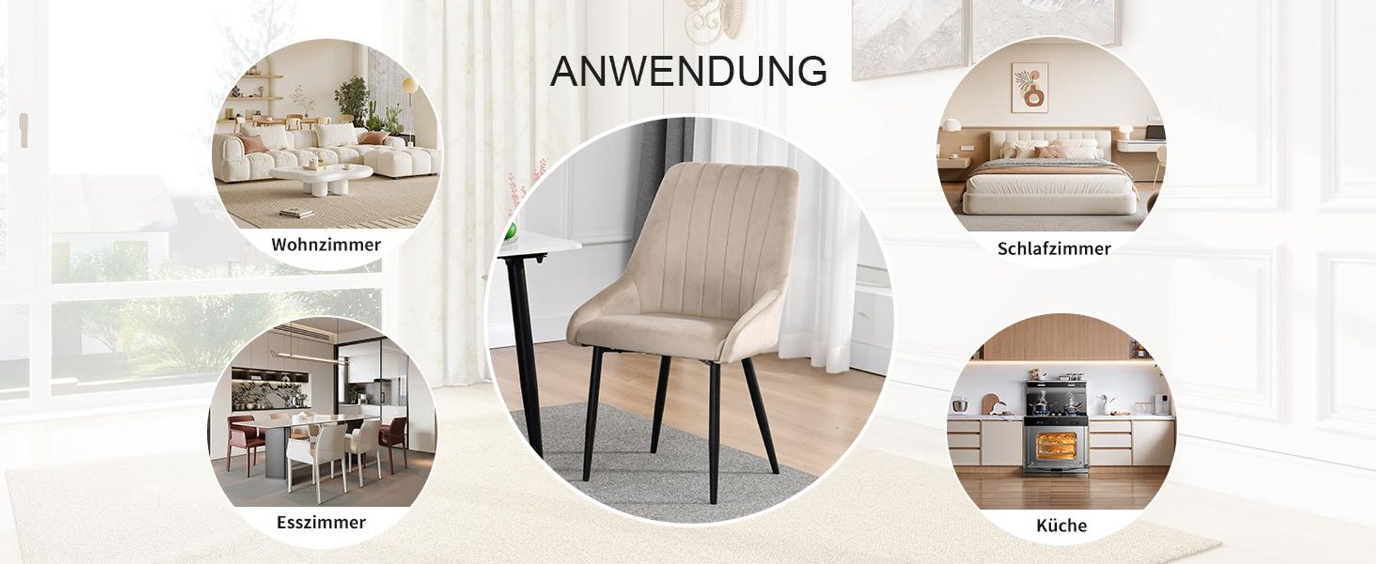 2er Set Esszimmerstuhl Polsterstuhl Stoff Samt Stuhl Retro Metallbeine, Farbe:Beige, Material:Samt