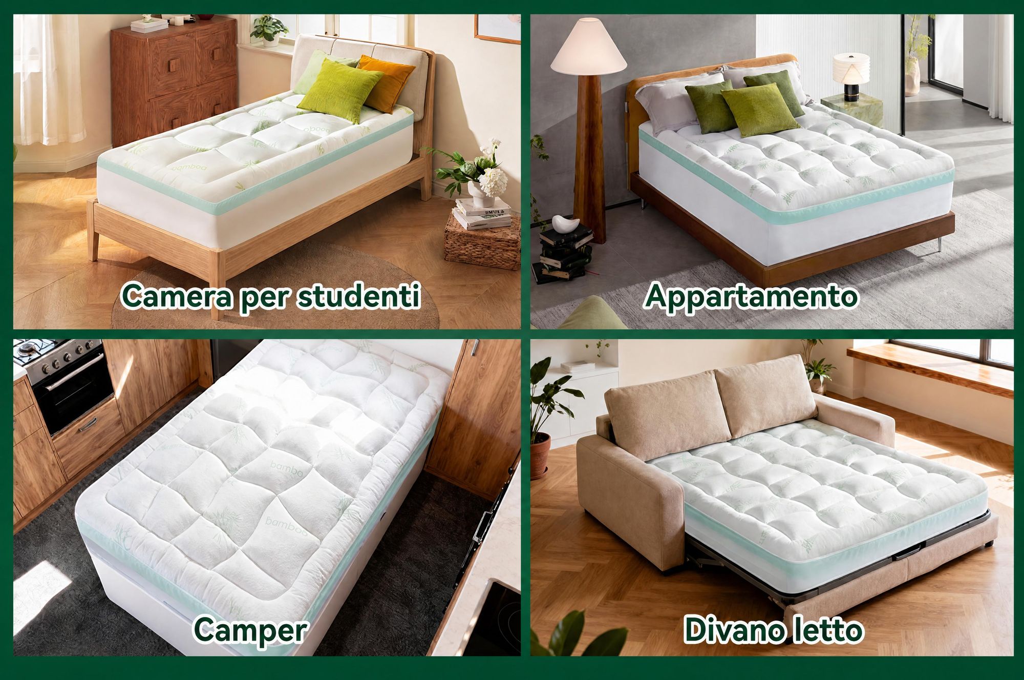 NicePlus, materasso topper 2-in-1, 90x200X7cm, con imbottitura in memory foam a 5 zone e strato superiore in bambù, dotato di angoli elasticizzati per adattarsi a tutti i tipi di materasso, livello di comfort H2/H3, colore verde
