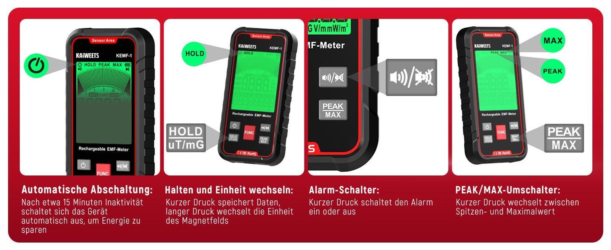 Misuratore EMF KAIWEETS 3 in 1, rilevatore di radiazioni EF/MF/RF, display LCD, batteria ricaricabile Type-C