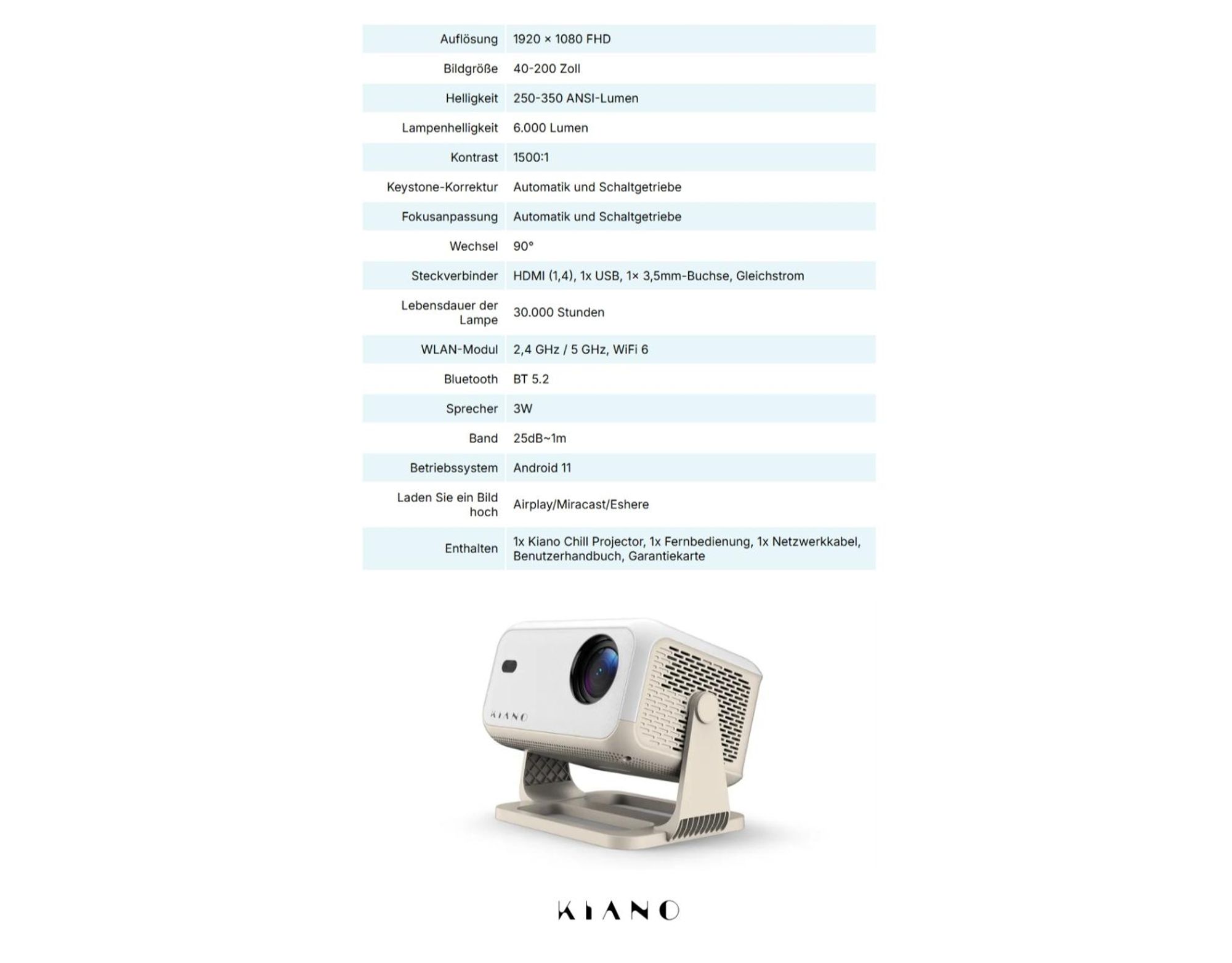 Kiano Chill Projektor Smart Tragbarer, Full HD, 1920x1080, Trapezkorrektur, Android, Airplay, Miracast, Eshare, Bluetooth, 250-350 ANSI Lumen, Wi-Fi