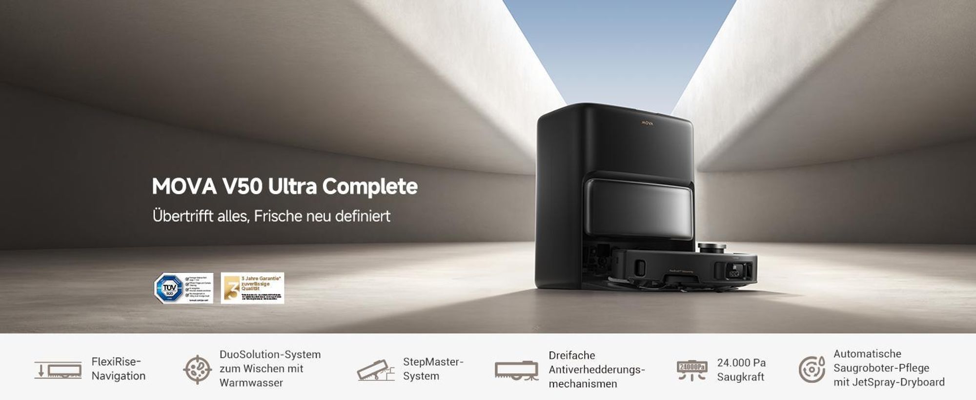 MOVA V50 Ultra Saug- & Wischroboter mit 24.000 Pa, Auto-Entleerung, Warmwasser-DuoSolution, FlexiRise-Navigation, Schwarz