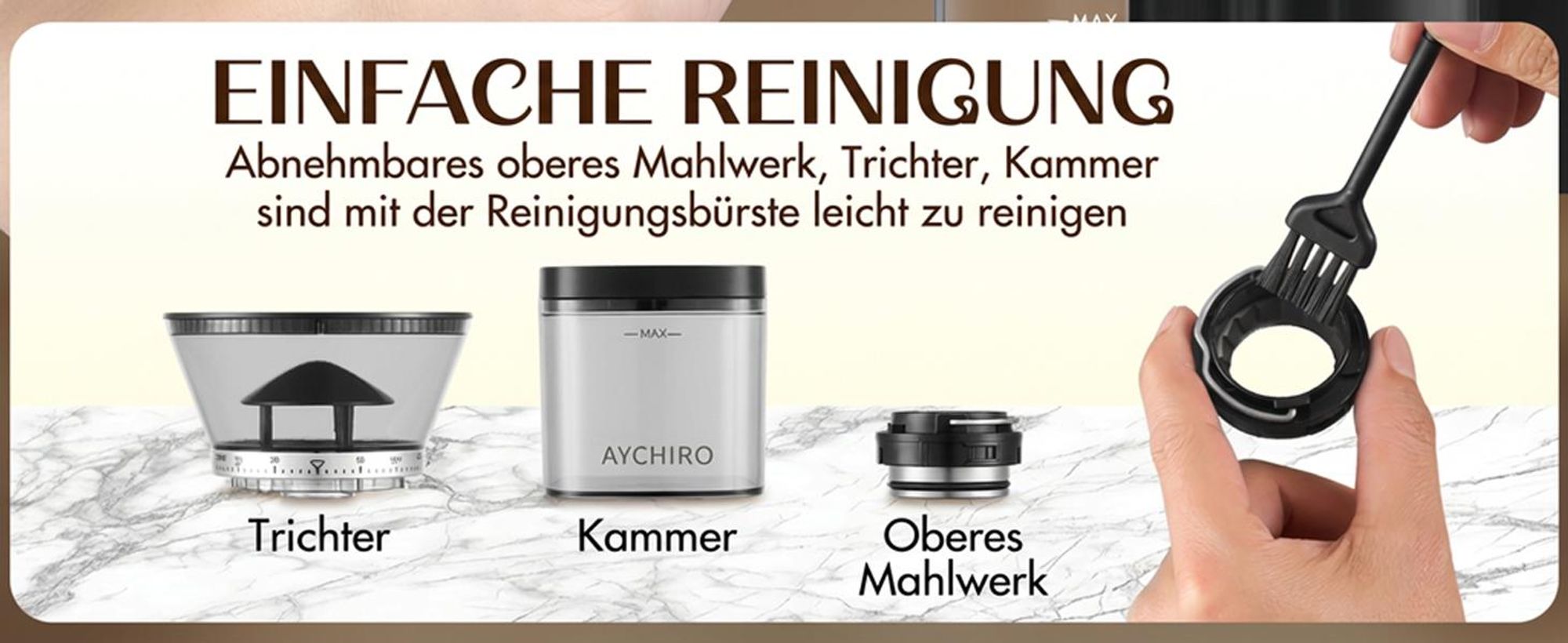 CHEFFANO Elektrische Kaffeemühle mit Kegelmahlwerk & 30 Mahlstufen, Touchscreen für bis zu 12 Tassen - Für Espresso, Filterkaffee, French Press