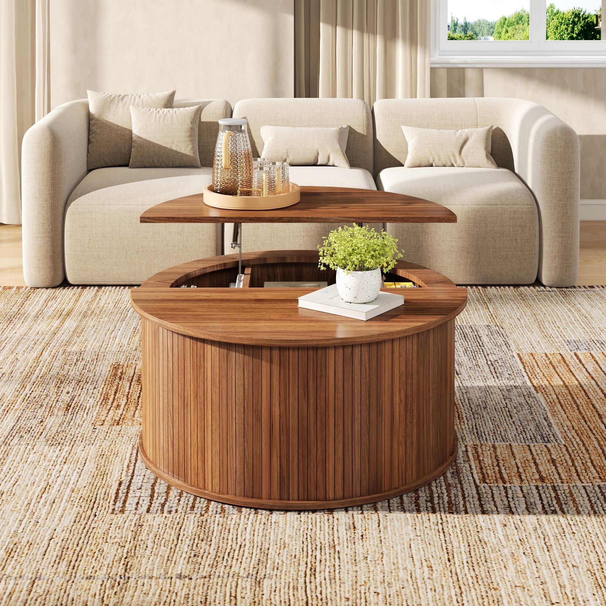 Merax runder Couchtisch mit Stauraum, höhenverstellbarer Wohnzimmertisch, Tischplatte mit Klappdeckel, Sofatisch aus MDF, Nussbaum