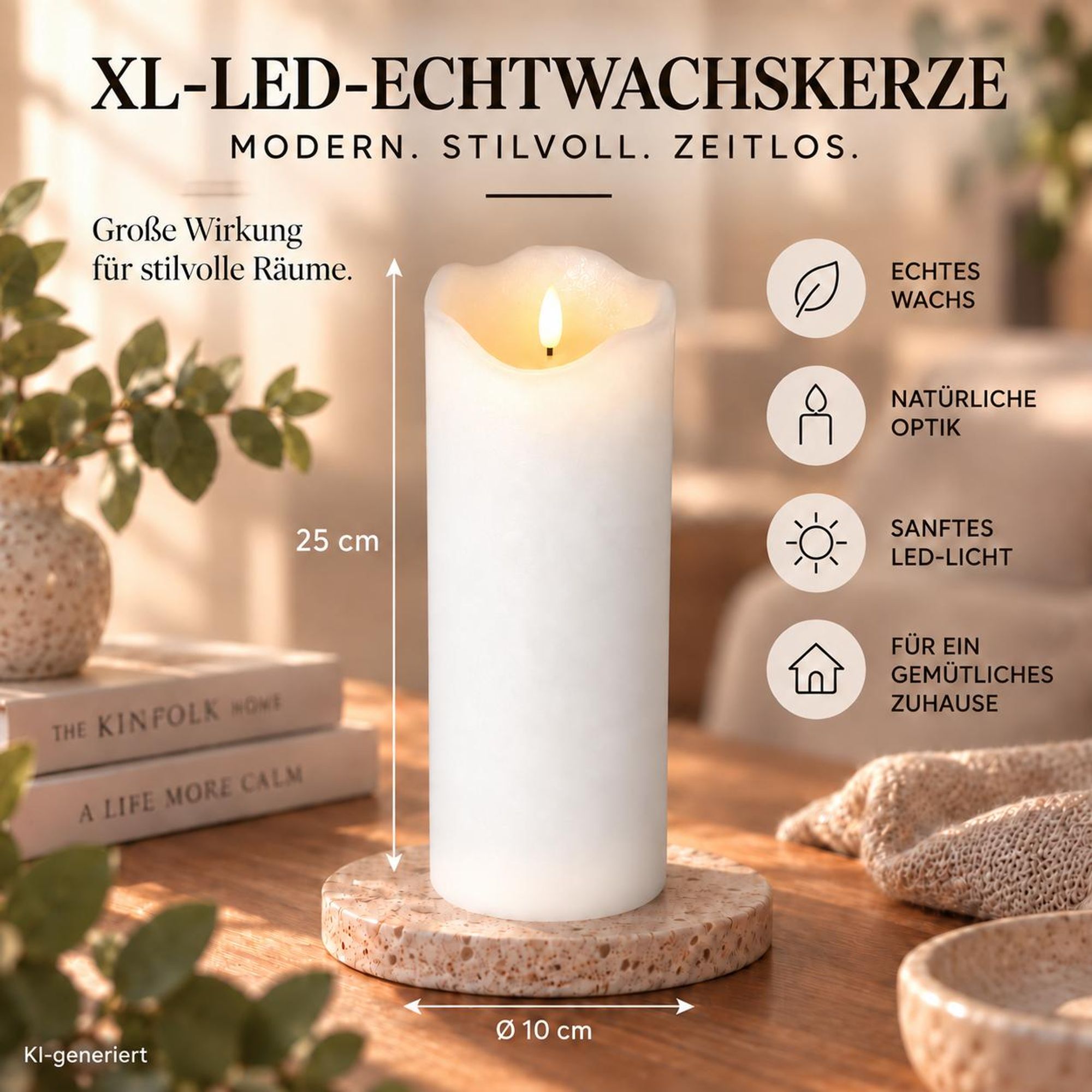 2er Set XL LED Echtwachskerzen 10 x 25 cm mit Timer, 3D Flackereffekt, batteriebetrieben, Weiß – Flammenlose Deko-Kerzen