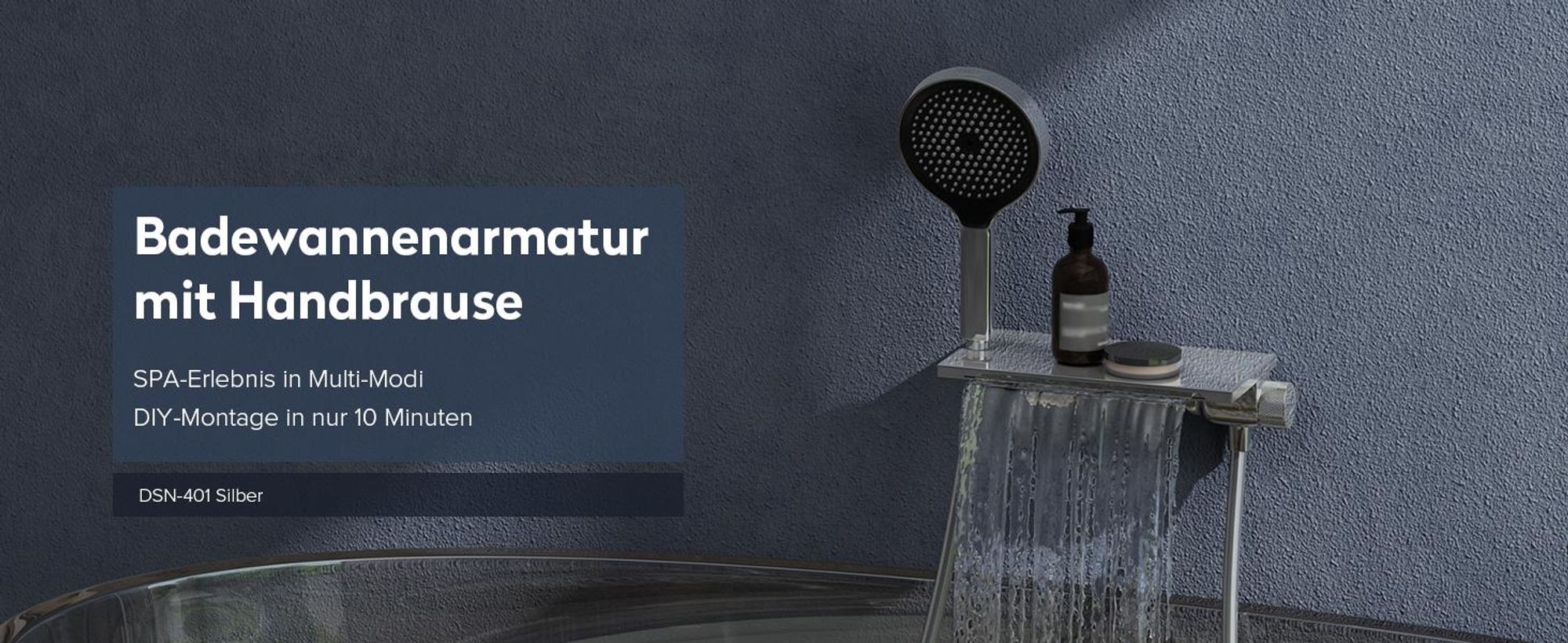 doporro Badewannenarmatur mit Handbrause, Wasserfallauslauf, Duscharmatur Komplettset aus Messing mit 4 Strahlarten, 1.5m Brauseschlauch Silber DSN-401