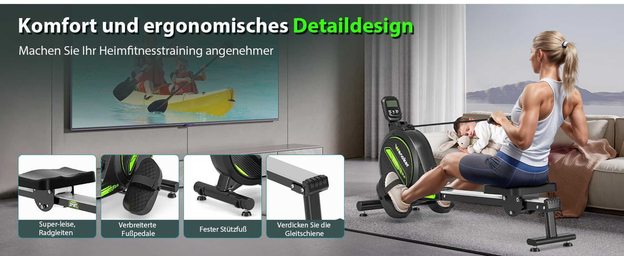 Wenoker Rudergerät für Zuhause mit APP, Leises Magnetisches Rudergerät mit LCD-Display, 16 Stufen Widerstand, Indoor-Gerät für das Home-Gym