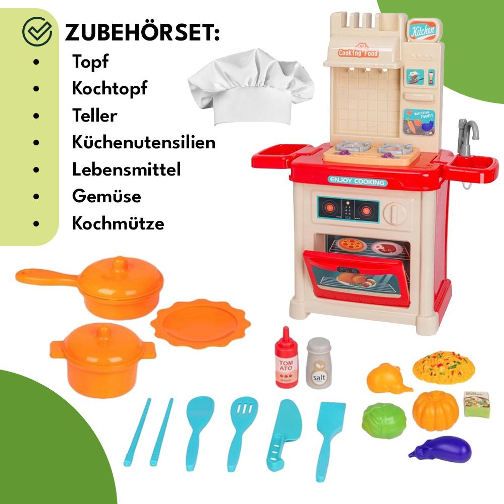 KRUMAD Kinderküche Spielzeug ab 3 Jahre, Spielküche mit Backofen, Herd, Wasserhahn, Sound & Dampfeffekt, 42-teiliges Zubehör Set, Küchenspielzeug für