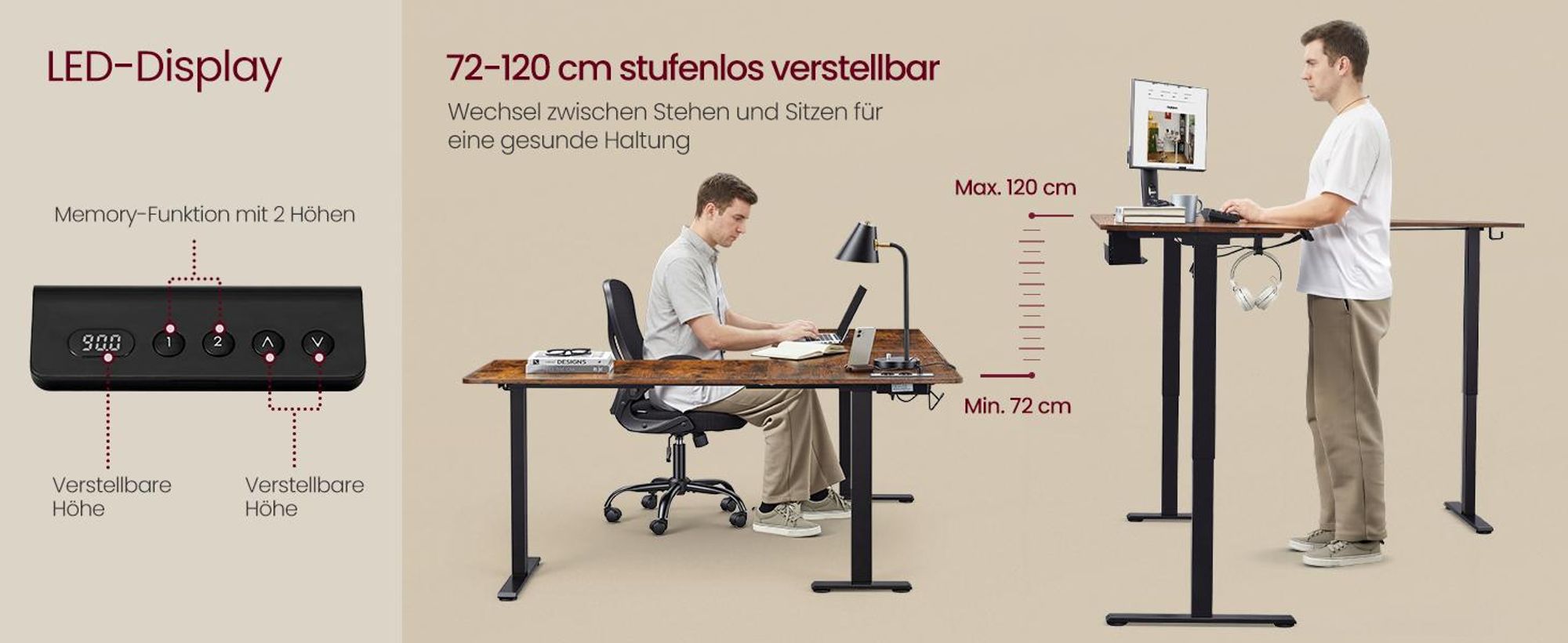VASAGLE L-förmiger Eckschreibtisch, Höhenverstellbarer Schreibtisch, 190 x 155 cm, mit Ladestation, braun