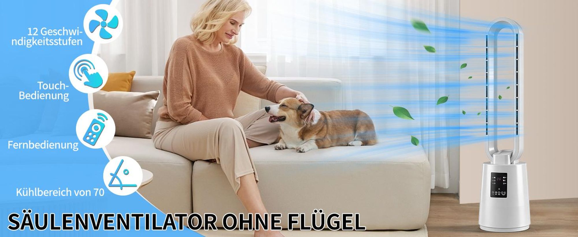 FCH Ventilator ohne Rotorblätter mit UV-Sterilisation,40W, 8-Stunden-Timer, elektronischem Touchscreen und Fernbedienung