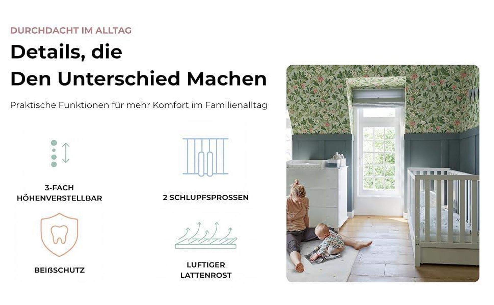 ZEE BAMBI Weiß Babybett 120x60 cm 2in1 mit Schublade & Schutzbarriere Klassisches Gitterbett 3-Fach Höhenverstellbar Kinderbett mit Beißschutz