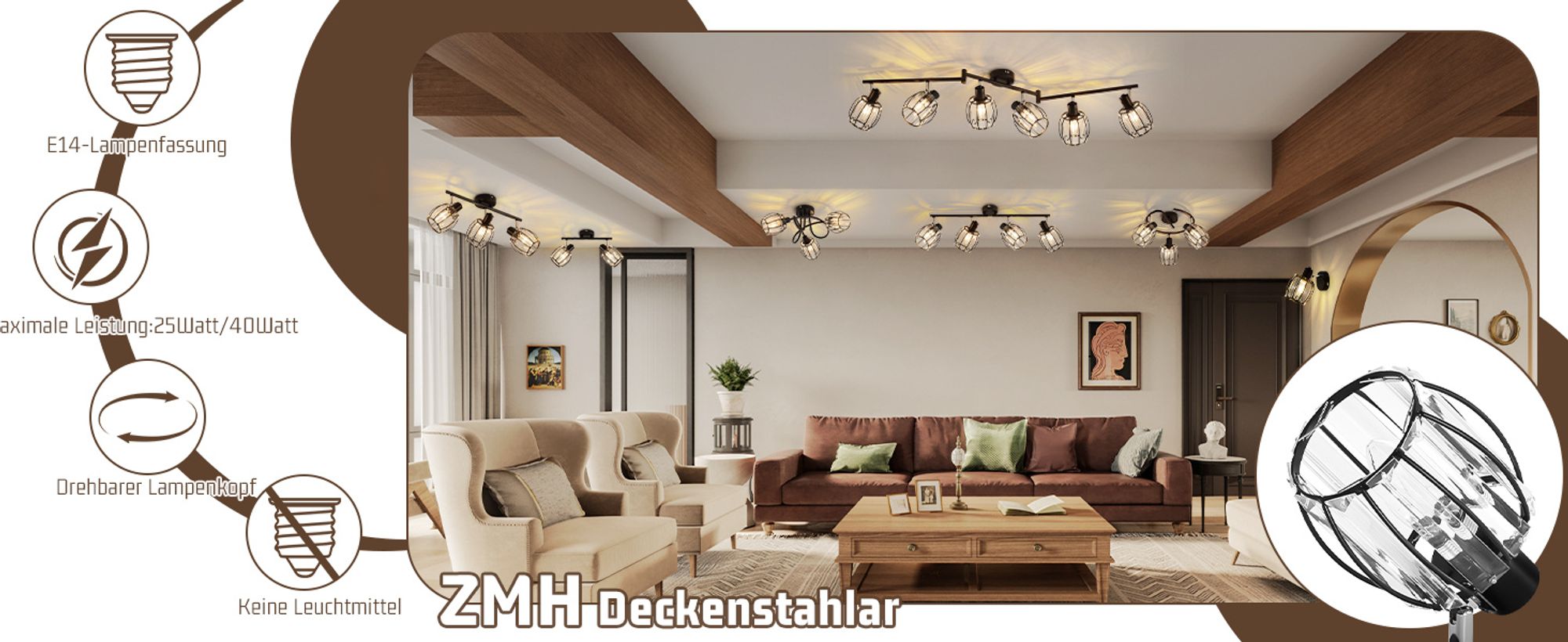 ZMH Deckenstrahler Flur Deckenspot Vintage Deckenleuchte 1 Flammig Kristall Lampenschirm E14 Industrial Strahler Schwarz 350°Schwenkbar Flurlampe MAX.40W für Küche Bett (Ohne Leuchtmittel)