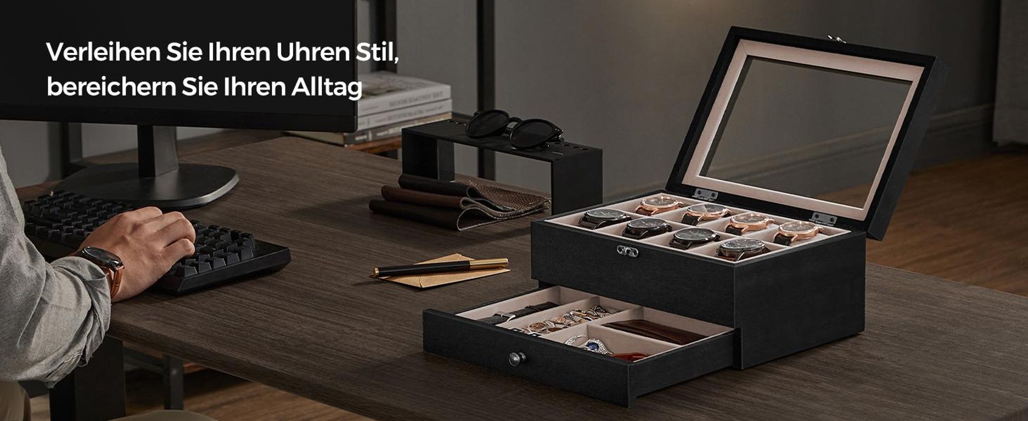 SONGMICS Uhrenbox Uhrenkasten, mit 8 Fächern, aus Massivholz, Glasdeckel