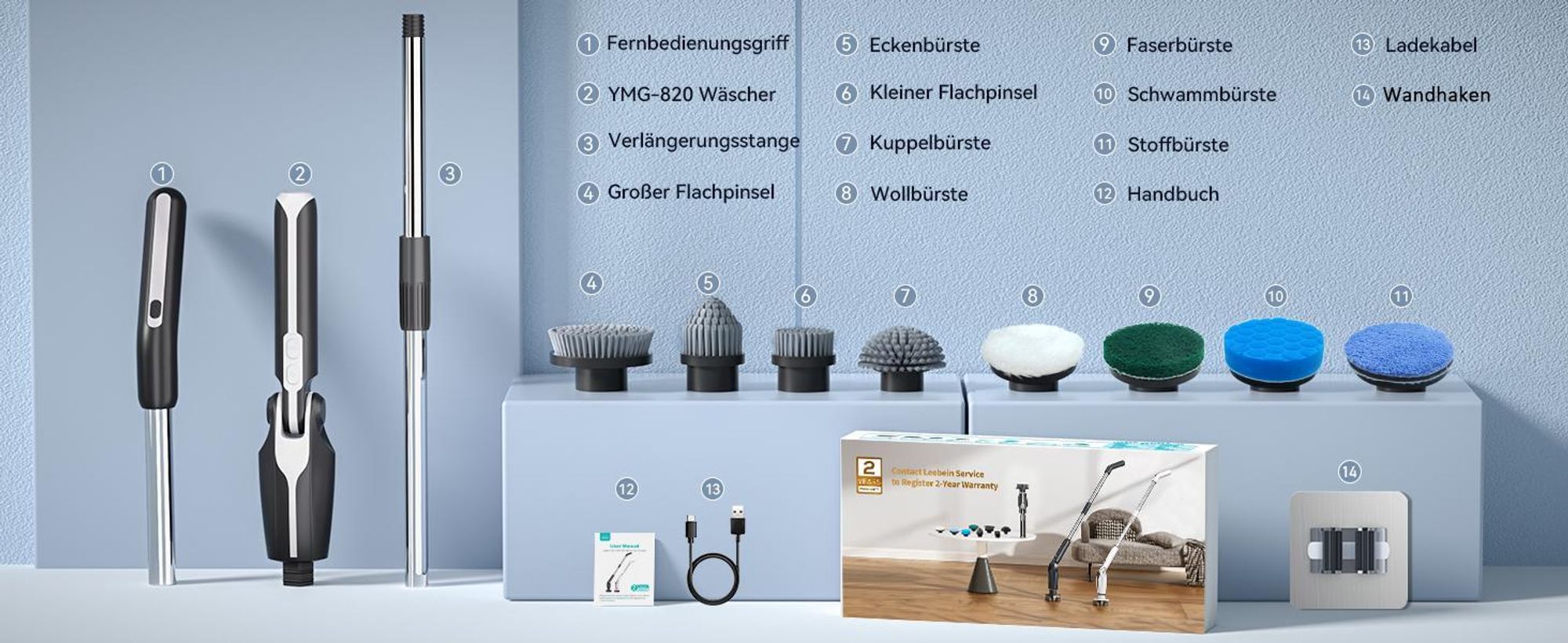 Elektrische Reinigungsbürste mit Fernbedienung, 4 Einstellbare Winkel, 150 Min Laufzeit, mit 8 Bürstenköpfe & Teleskopstiel, Kabellos reinigungsbürste