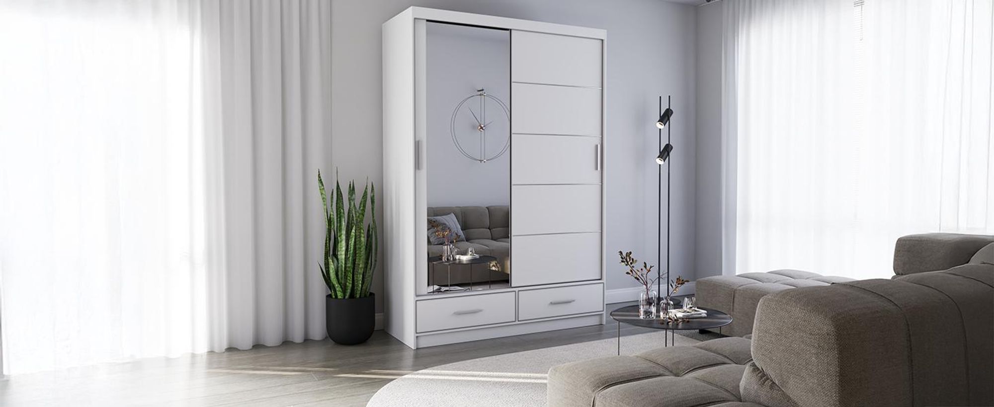 Schwebetürenschrank Kleiderschrank 150 cm Weiß/Weiß matt mit Spiegel Florence