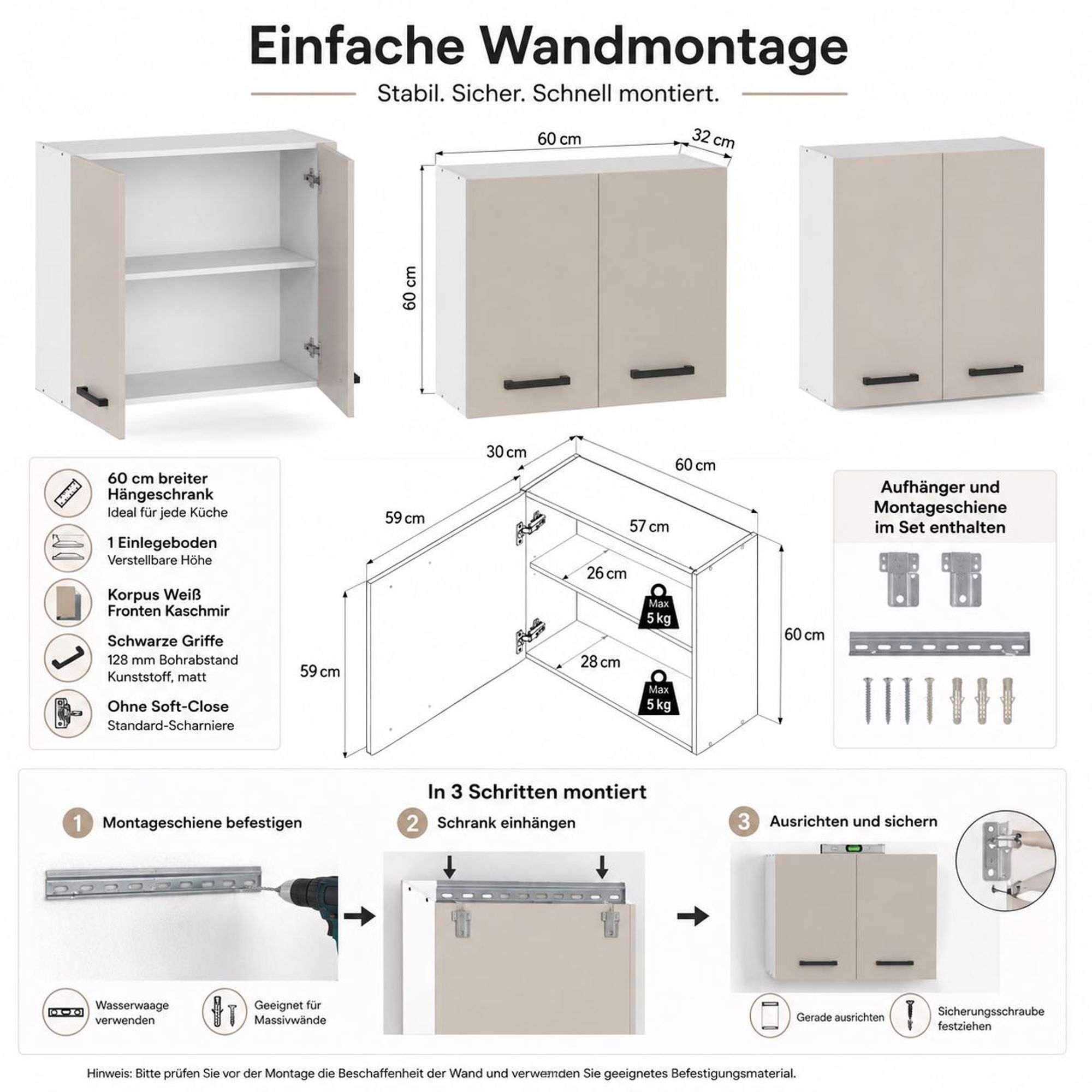 Abmessungen Hängeschrank 60x60x32 cm (BxHxT) Kaschmir. Technische Übersicht.