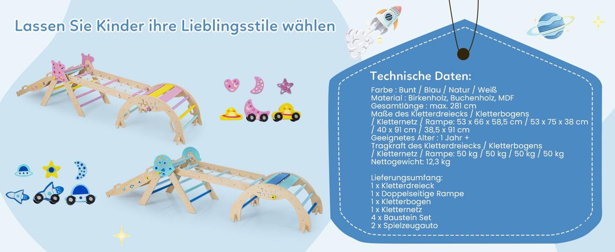 COSTWAY Klettergerüst Indoor 4er Set, klappabre Kletterdreieck mit Rutsche, Kletterbogen, Netz, doppelseitige Rampe, Baustein Set&2 Autos für Kinder3+