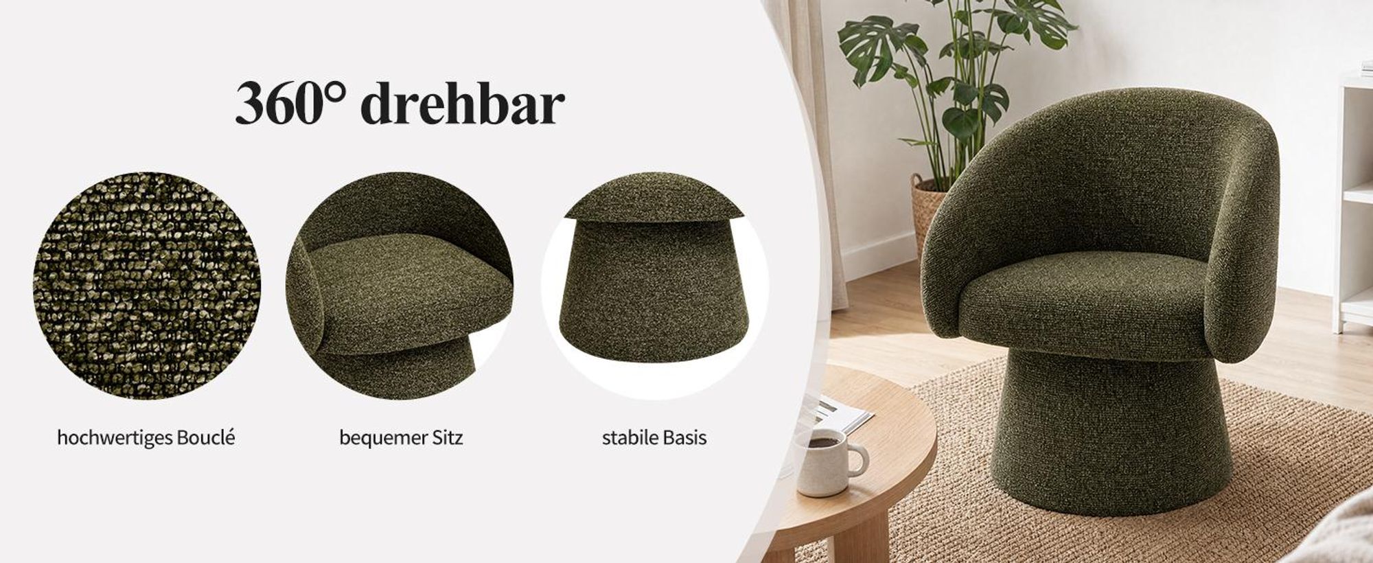 Duhome Sessel Wohnzimmer Grün Drehstuhl aus Bouclé Loungesessel Design Modern Polsterstuhl für Schlafzimmer Esszimmer Büro