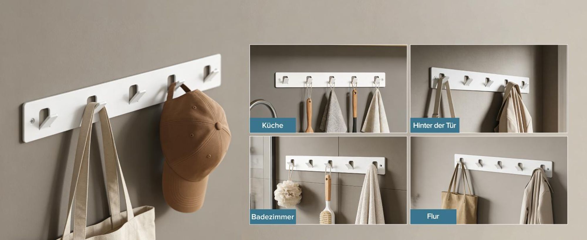 doporro Garderobenleiste mit 5 Haken, Wandgarderobe mit Garderobenhaken, Kleiderhaken Wand, Hakenleiste, selbstklebend oder zum Bohren, Weiß, Stalo-14